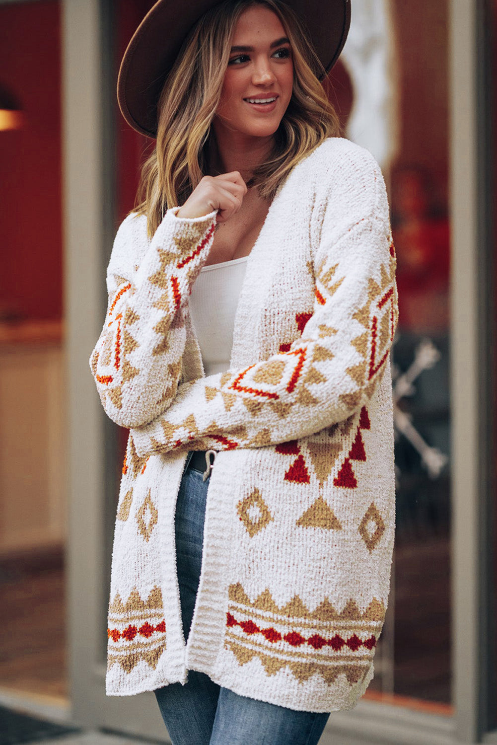 White Aztec Pattern Open Knitted Cardigan