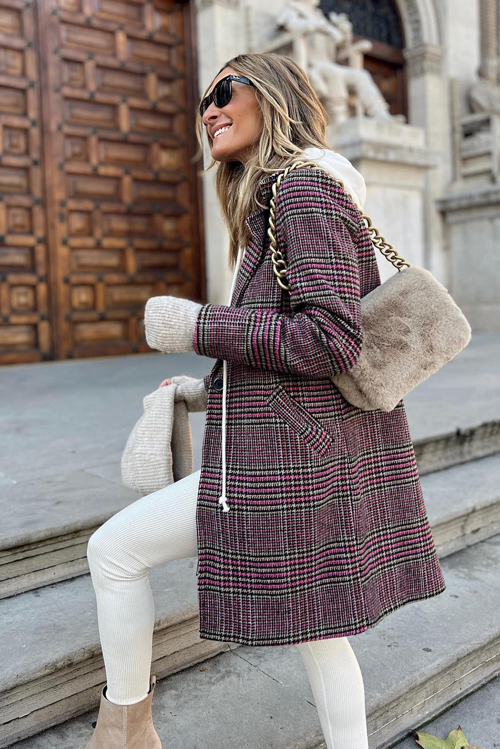 Pink Plaid Lapel Collar One Button Midi Coat