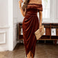 Chestnut Velvet Off Shoulder Pleated Wrap Evening Dress