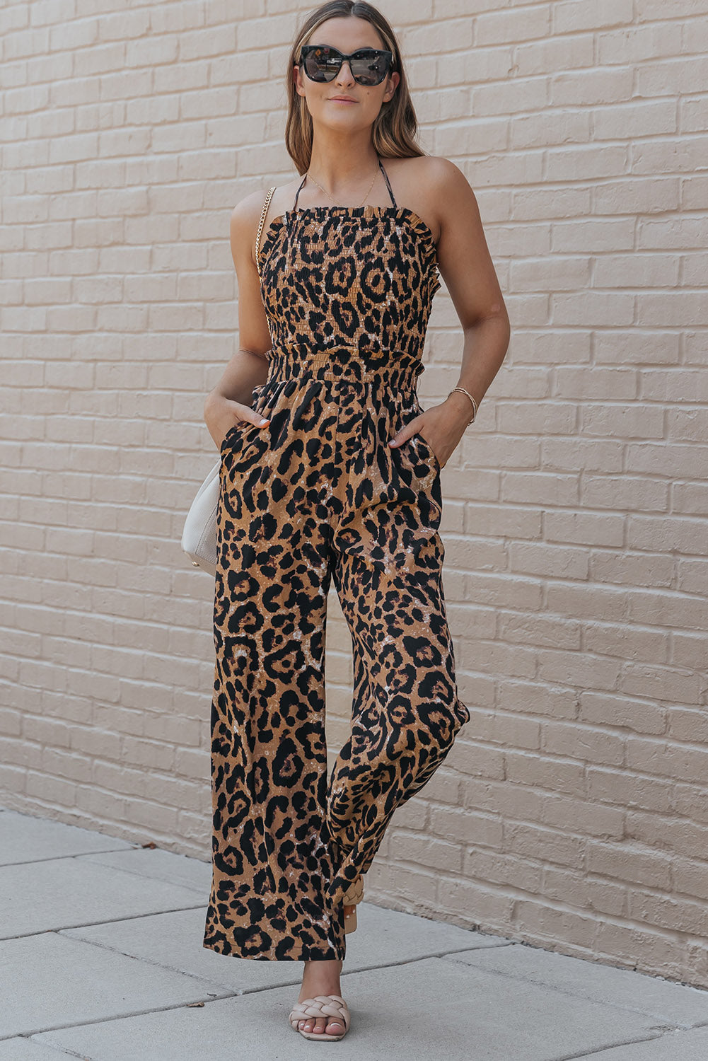 Leopard Print Halter Neck Backless Wide Leg Jumpsuit